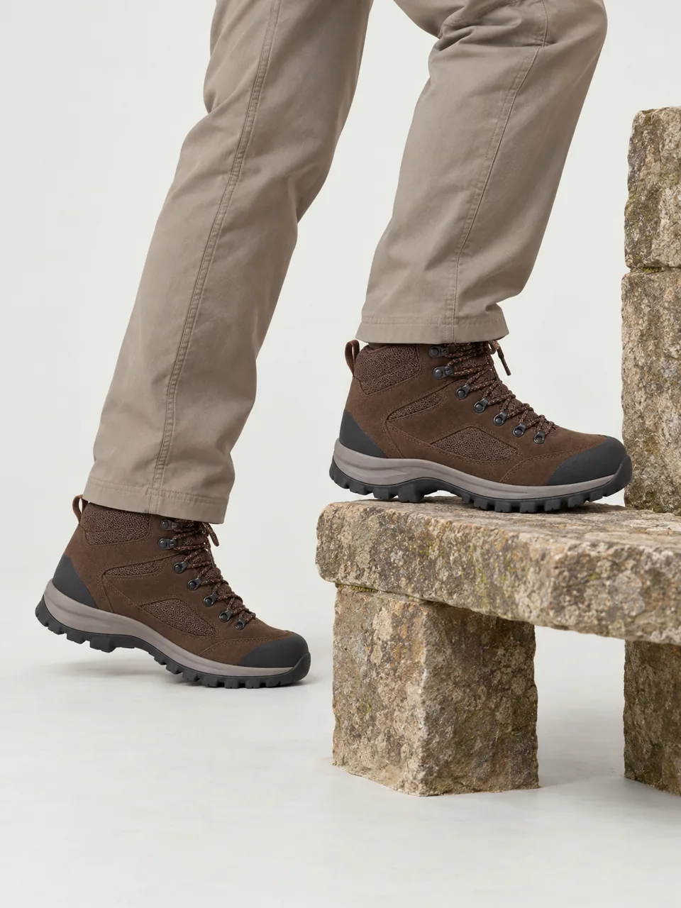 Woman in her 50s, East Asian, slim build, stepping over a stone stile, framed from the knee down wearing the Hale Women's Dene II Waterproof Walking Boot in Peat
