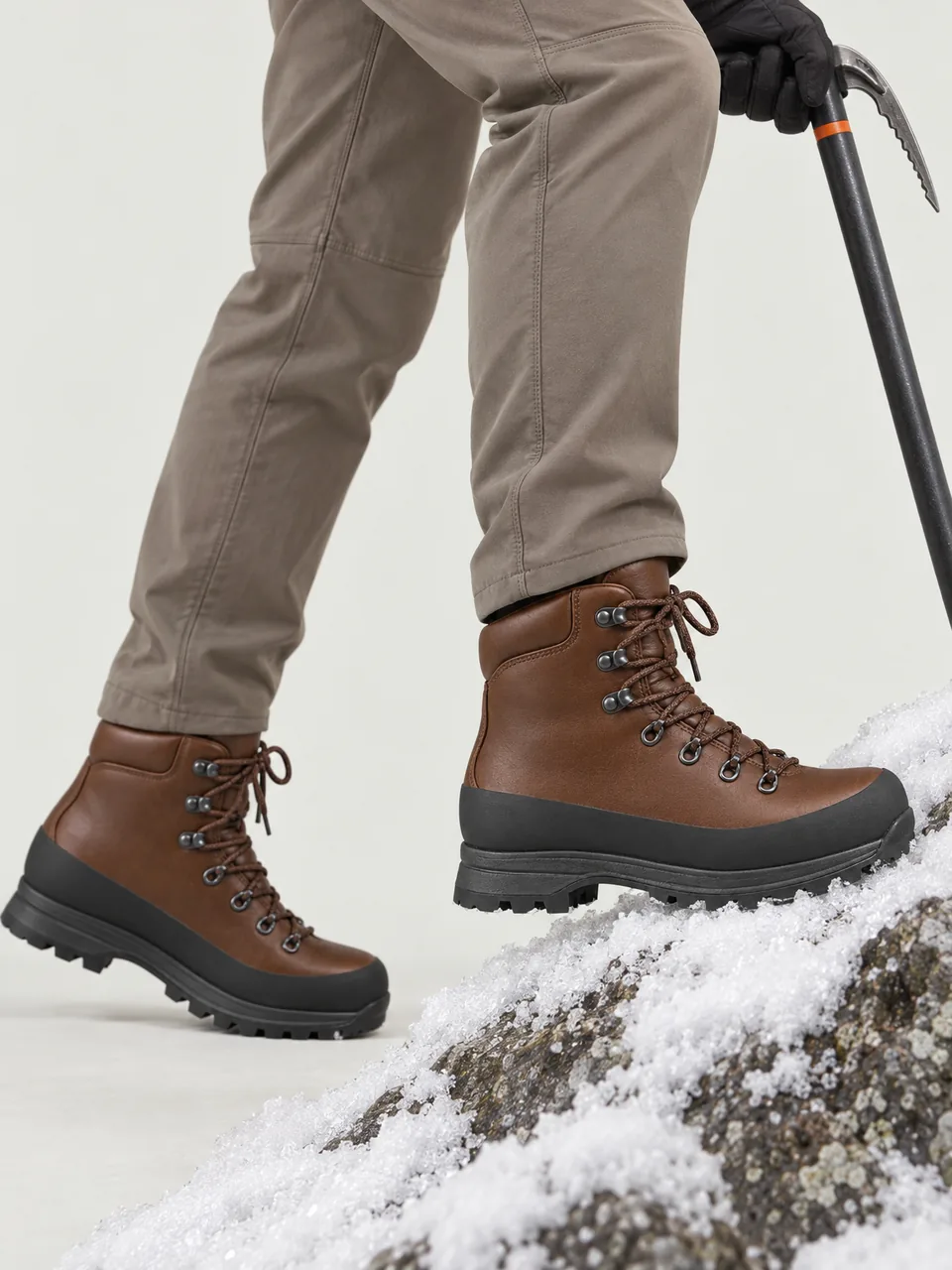 Woman in her 30s, Black British, athletic build, kicking steps up a late snow patch with an ice axe, framed from the knee down wearing the Wayfell Women's Garburn Leather Walking Boot in Brown