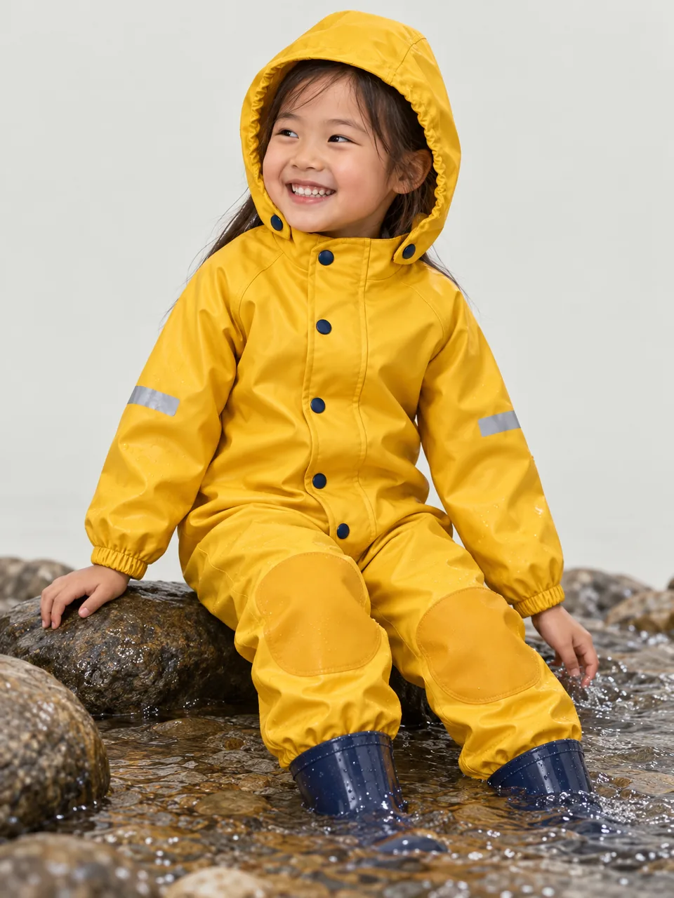 Girl about 5, East Asian, sitting in a shallow stream in wellies and grinning, hood up wearing the Tystie Kids' Peerie Puddle Suit in Yellow