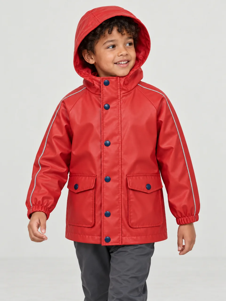 Boy about 6, mixed heritage, walking along a wet seaside promenade with the hood up wearing the Tystie Kids' Voe Rain Jacket in Red