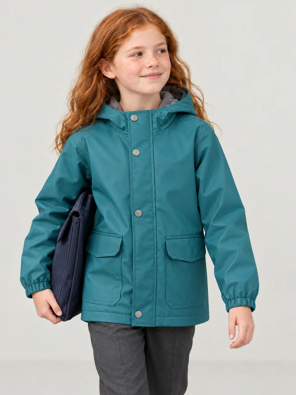 Girl about 10, white with red hair, walking to school along a frosty pavement with a book bag wearing the Tystie Kids' Haar Fleece-Lined Rain Jacket in Teal