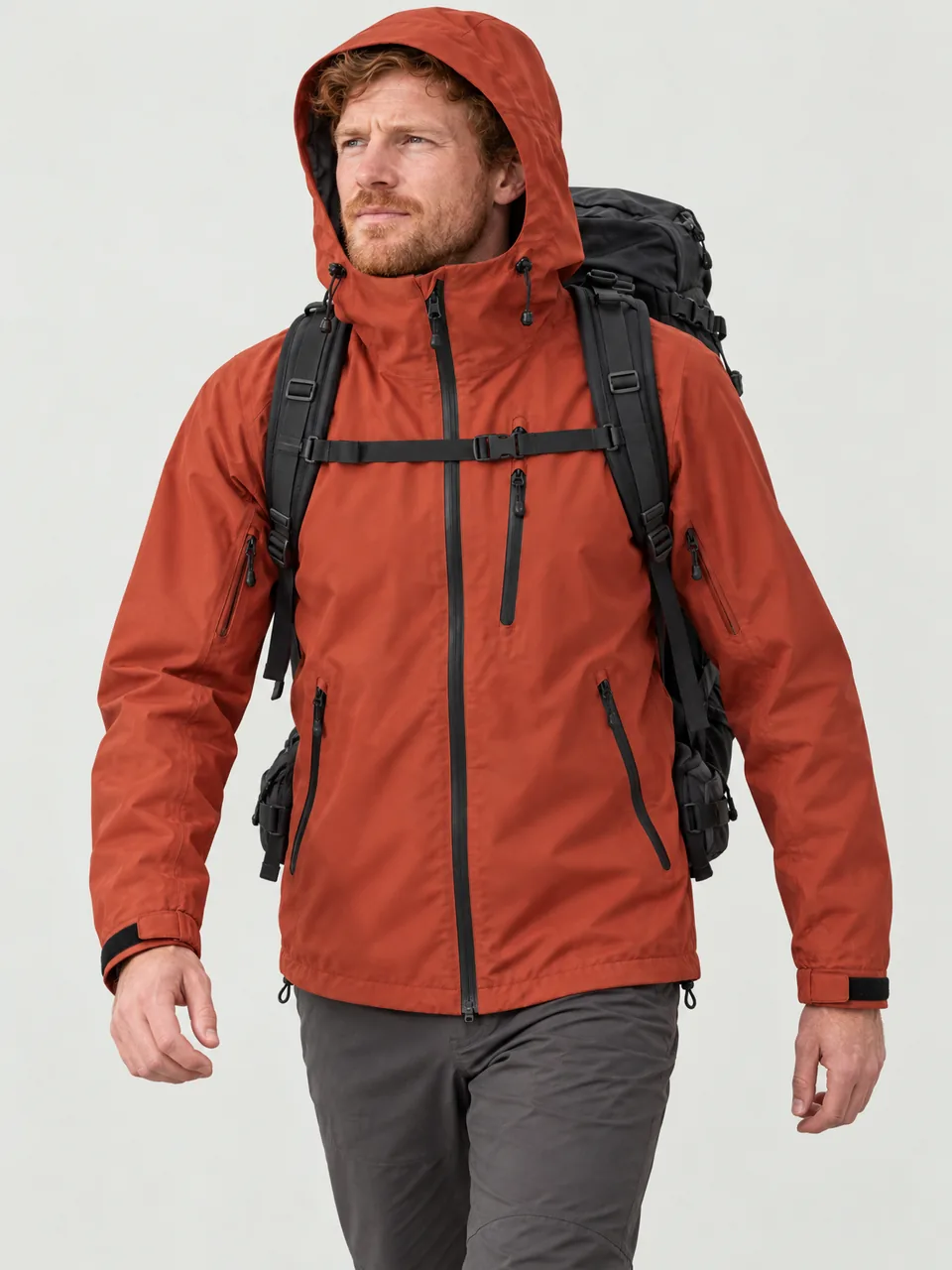 White man in his 30s, red-haired, walking into the wind on open moor with a 50-litre pack, hood up wearing the Swift Men's Smew 320 3L Waterproof Jacket in Ember