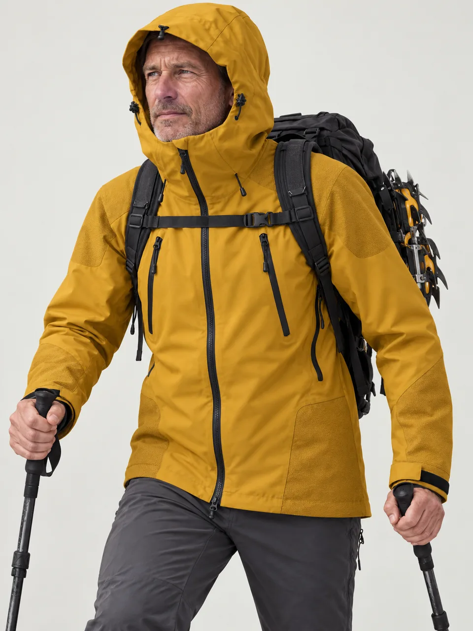 White man in his 50s, weathered face, walking up a snowy slope with crampons strapped to his pack, hood up wearing the Cairnhope Men's Onding 3L Pro Mountain Jacket in Ochre